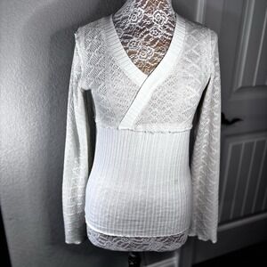 POL Women's Wrap Front Sweater White Mixed Fabric Crochet Lace Ribbed Knit Small